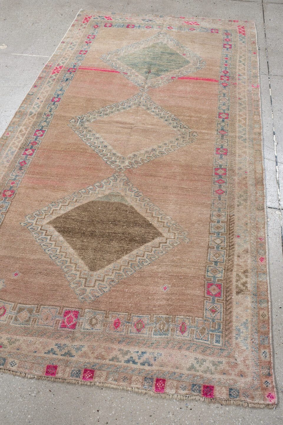 3' x 7' one-of-a-kind handmade vintage  runner rug. Color palette: blush, ivory, pale blue, rose, taupe, brown, pink