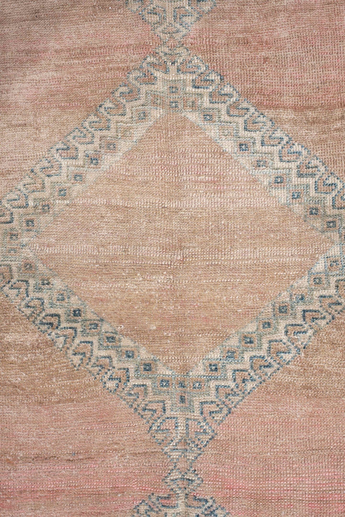 3' x 7' one-of-a-kind handmade vintage  runner rug. Color palette: blush, ivory, pale blue, rose, taupe, brown, pink