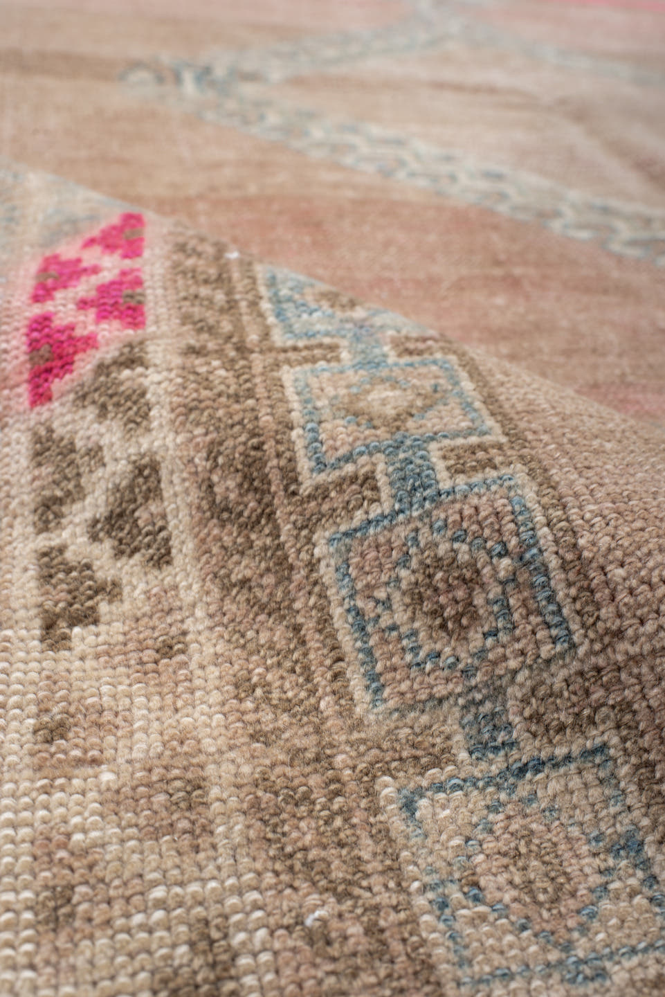 3' x 7' one-of-a-kind handmade vintage  runner rug. Color palette: blush, ivory, pale blue, rose, taupe, brown, pink