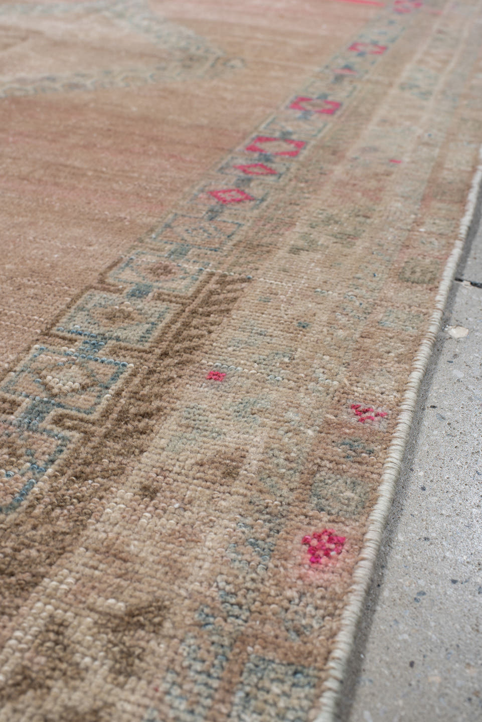 3' x 7' one-of-a-kind handmade vintage  runner rug. Color palette: blush, ivory, pale blue, rose, taupe, brown, pink