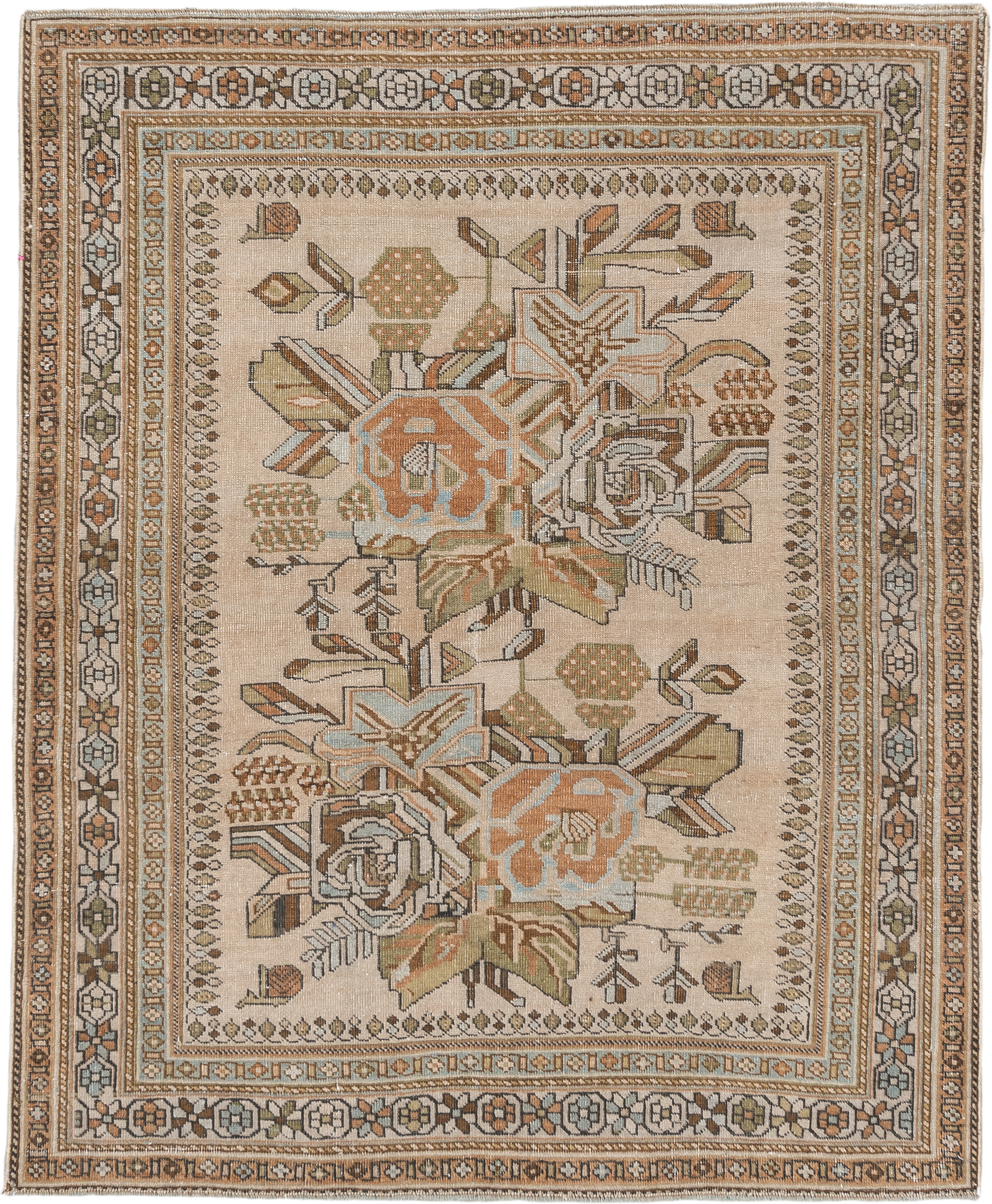 3' x 4' one-of-a-kind handmade antique Afshar small size rug. Color palette: ivory, camel, taupe, sage, peach, sky blue