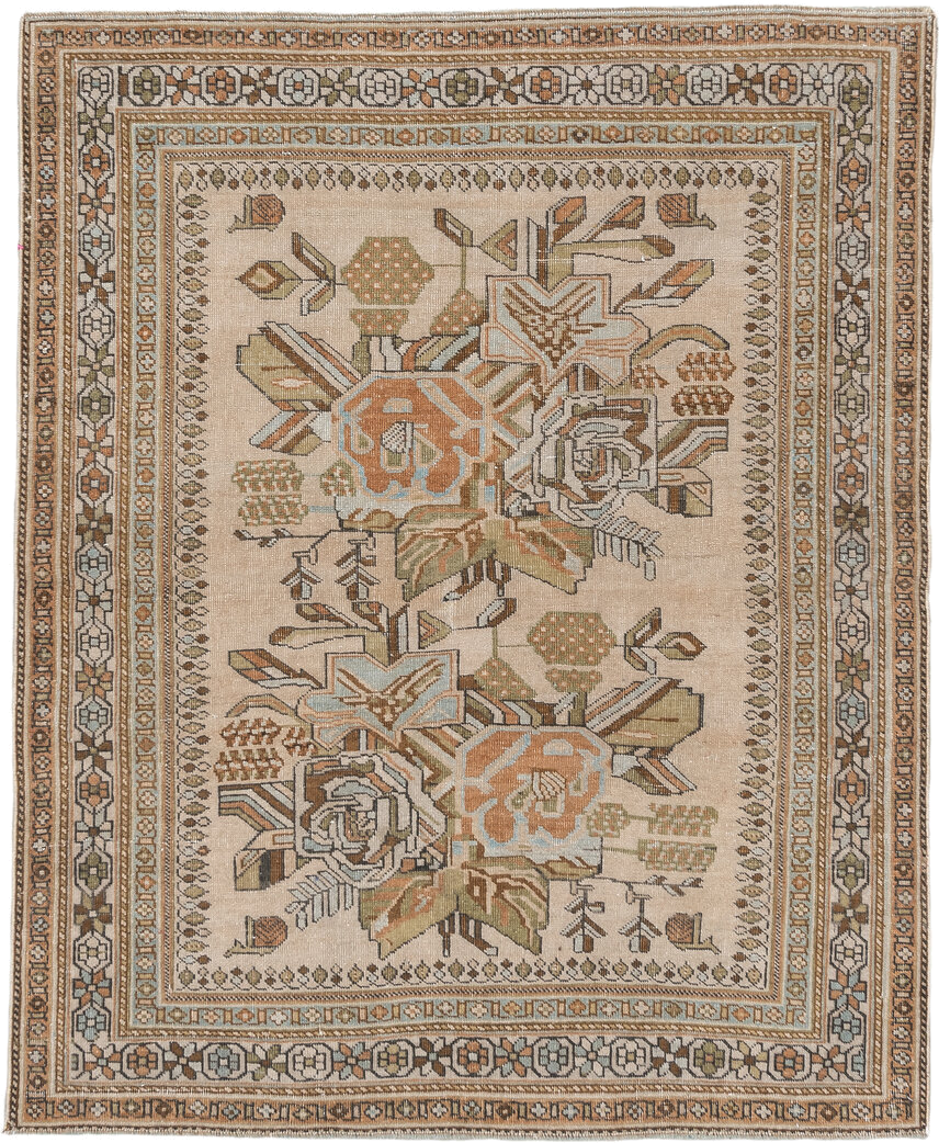 3' x 4' one-of-a-kind handmade antique Afshar small size rug. Color palette: ivory, camel, taupe, sage, peach, sky blue