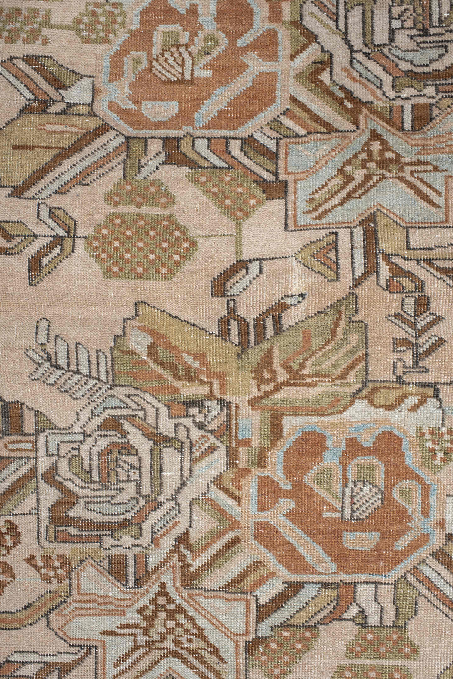 3' x 4' one-of-a-kind handmade antique Afshar small size rug. Color palette: ivory, camel, taupe, sage, peach, sky blue