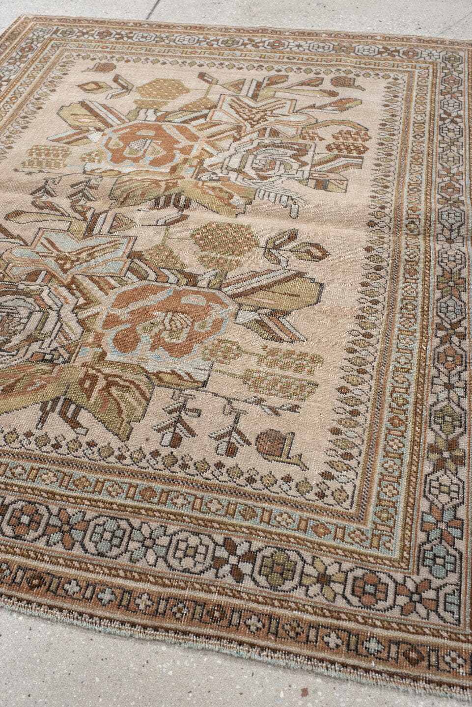 3' x 4' one-of-a-kind handmade antique Afshar small size rug. Color palette: ivory, camel, taupe, sage, peach, sky blue