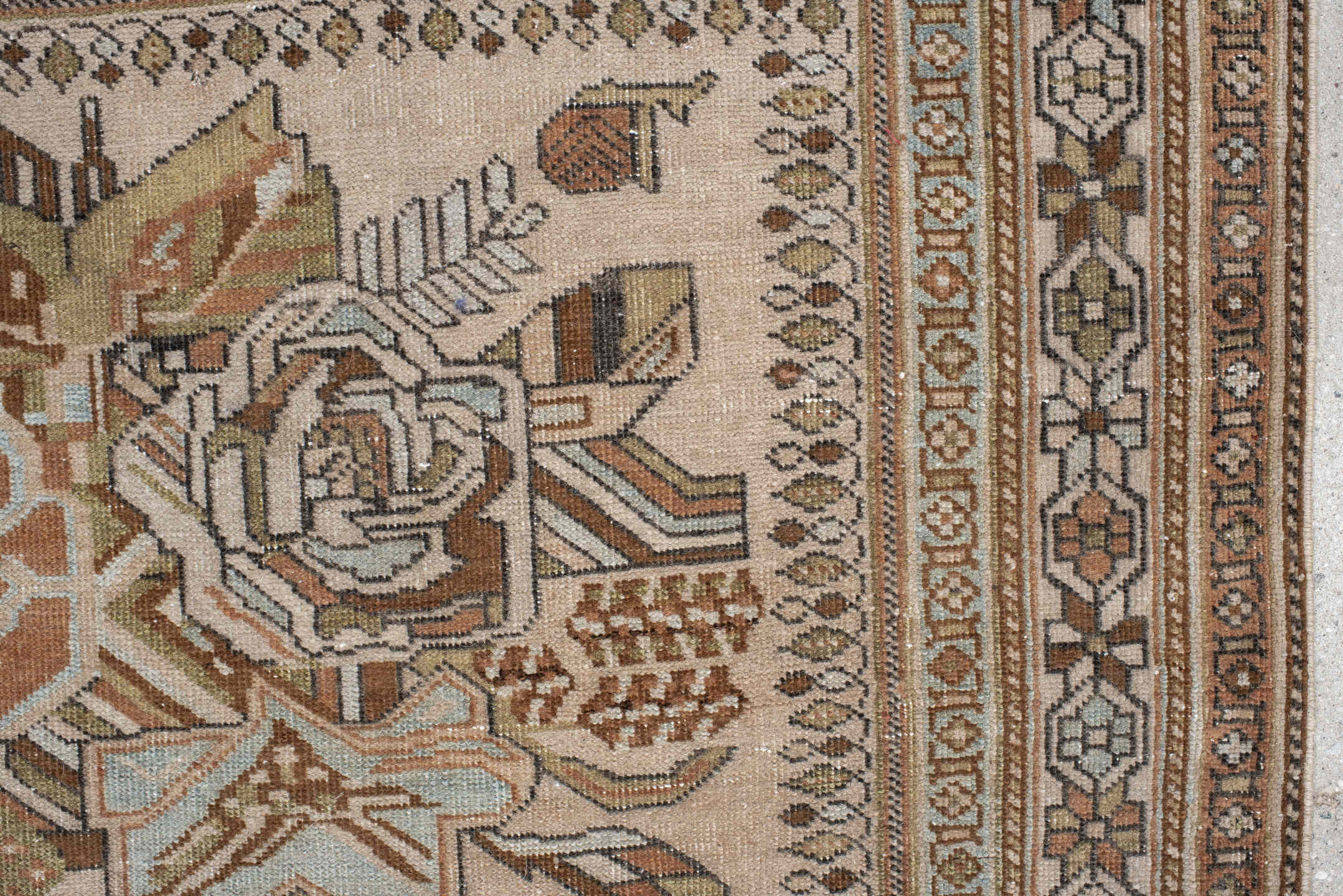 3' x 4' one-of-a-kind handmade antique Afshar small size rug. Color palette: ivory, camel, taupe, sage, peach, sky blue