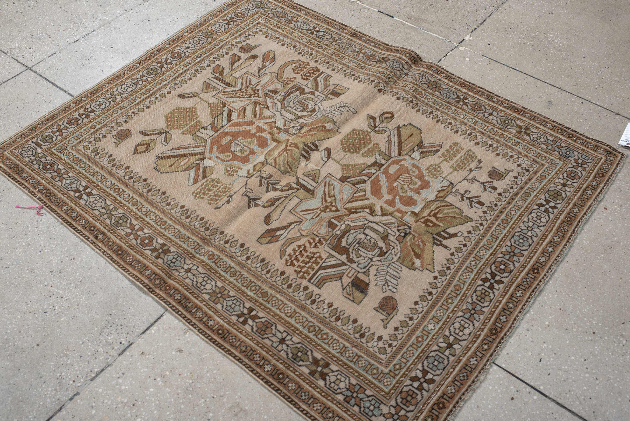 3' x 4' one-of-a-kind handmade antique Afshar small size rug. Color palette: ivory, camel, taupe, sage, peach, sky blue