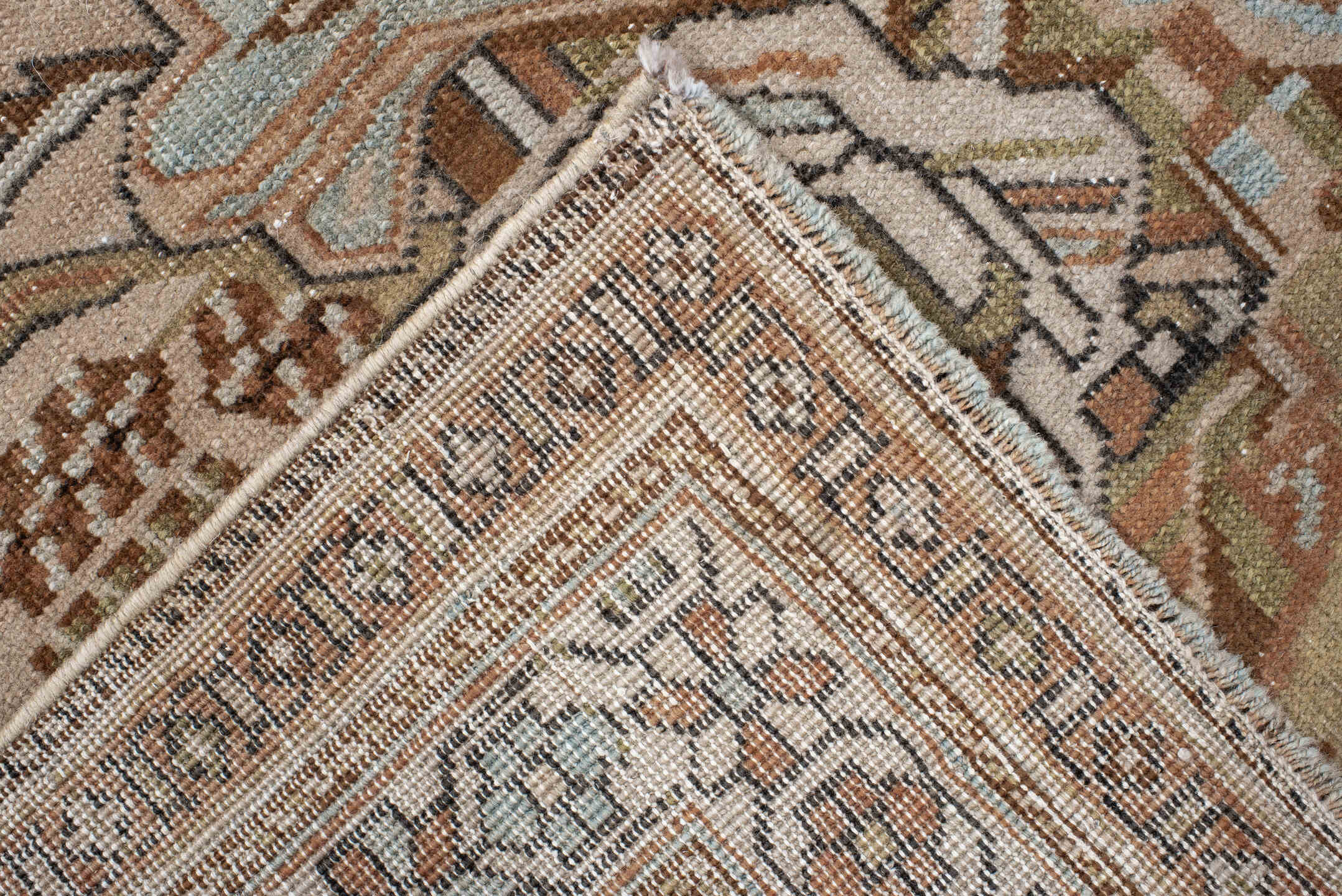 3' x 4' one-of-a-kind handmade antique Afshar small size rug. Color palette: ivory, camel, taupe, sage, peach, sky blue