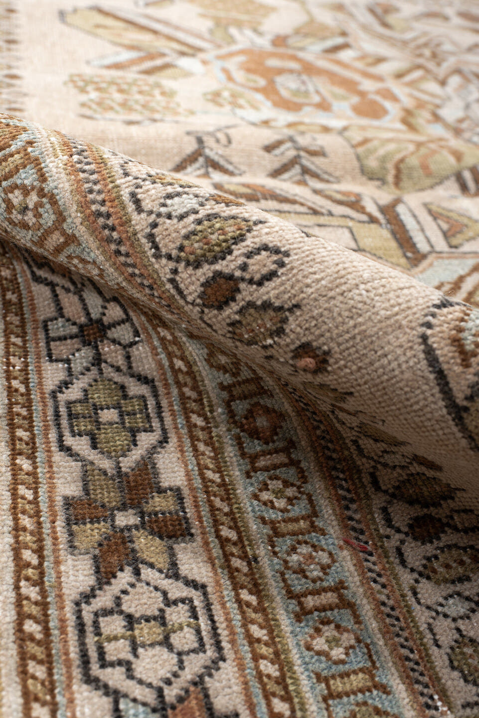 3' x 4' one-of-a-kind handmade antique Afshar small size rug. Color palette: ivory, camel, taupe, sage, peach, sky blue