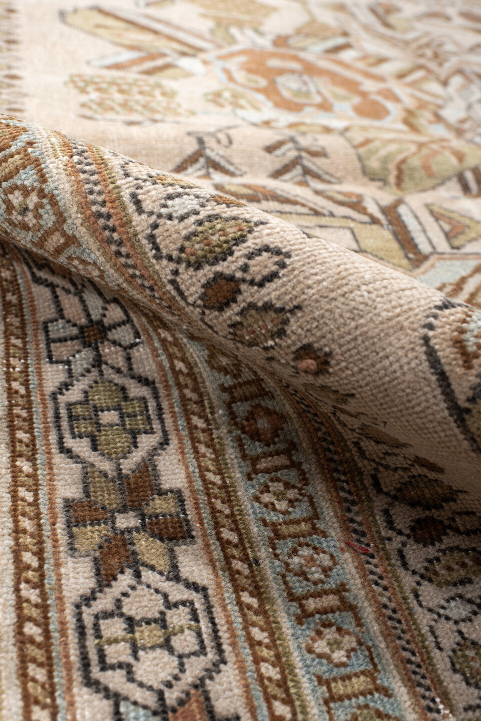 3' x 4' one-of-a-kind handmade antique Afshar small size rug. Color palette: ivory, camel, taupe, sage, peach, sky blue