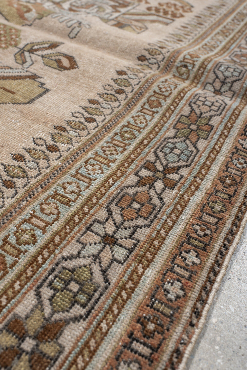 3' x 4' one-of-a-kind handmade antique Afshar small size rug. Color palette: ivory, camel, taupe, sage, peach, sky blue