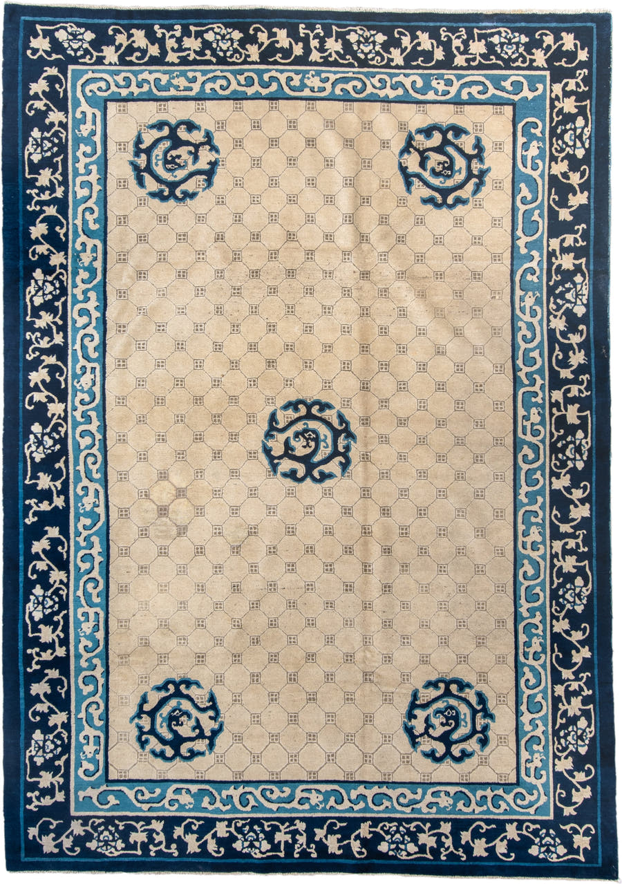 6' x 9' one-of-a-kind handmade antique Chinese medium size rug. Color palette: ivory, navy, sky_blue, slate, cream, blue