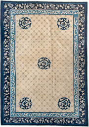 6' x 9' one-of-a-kind handmade antique Chinese medium size rug. Color palette: ivory, navy, sky_blue, slate, cream, blue