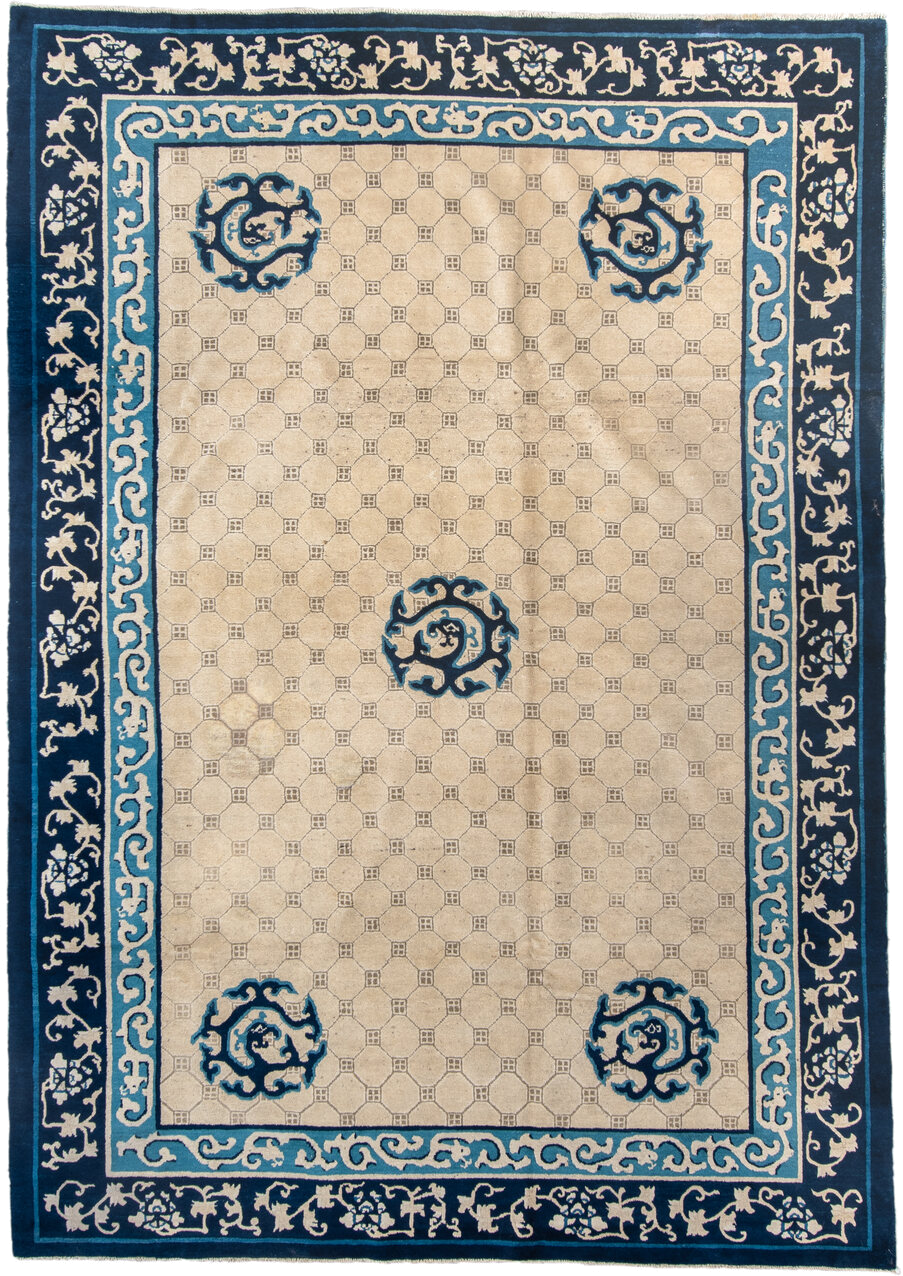 6' x 9' one-of-a-kind handmade antique Chinese medium size rug. Color palette: ivory, navy, sky_blue, slate, cream, blue