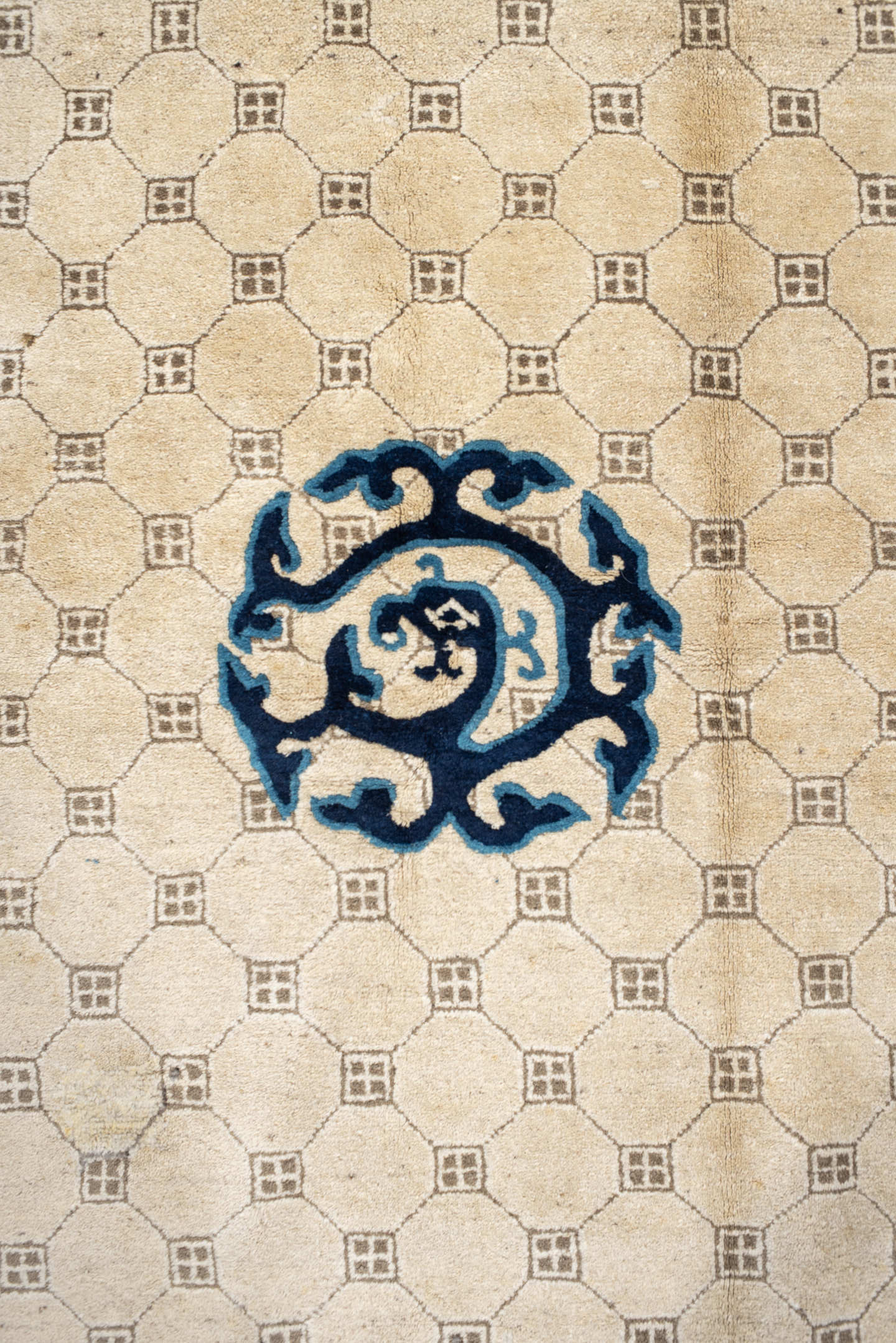 6' x 9' one-of-a-kind handmade antique Chinese medium size rug. Color palette: ivory, navy, sky_blue, slate, cream, blue