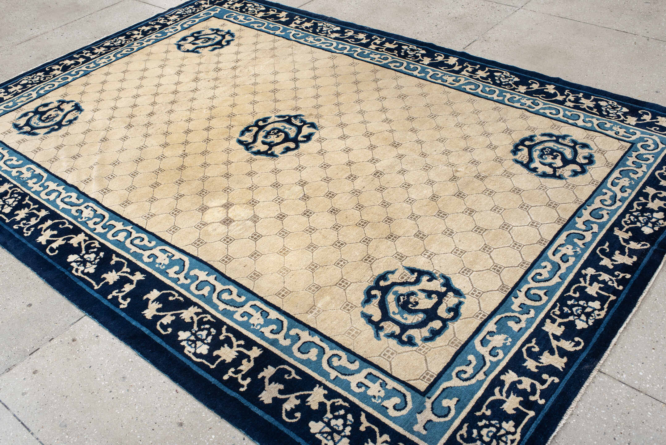 6' x 9' one-of-a-kind handmade antique Chinese medium size rug. Color palette: ivory, navy, sky_blue, slate, cream, blue