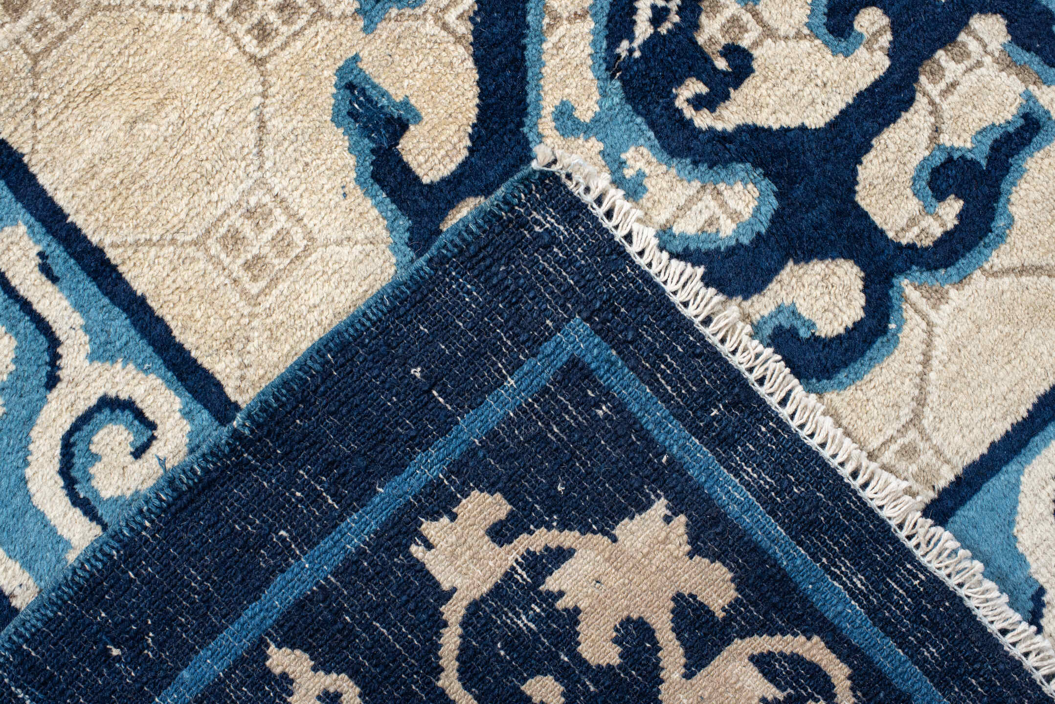 6' x 9' one-of-a-kind handmade antique Chinese medium size rug. Color palette: ivory, navy, sky_blue, slate, cream, blue