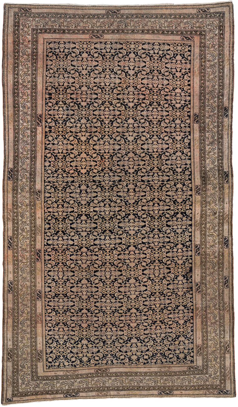 4' x 7' one-of-a-kind handmade antique Far.Sarouk rug. Color palette: navy, beige, ivory, taupe, blush, charcoal, blue, gray
