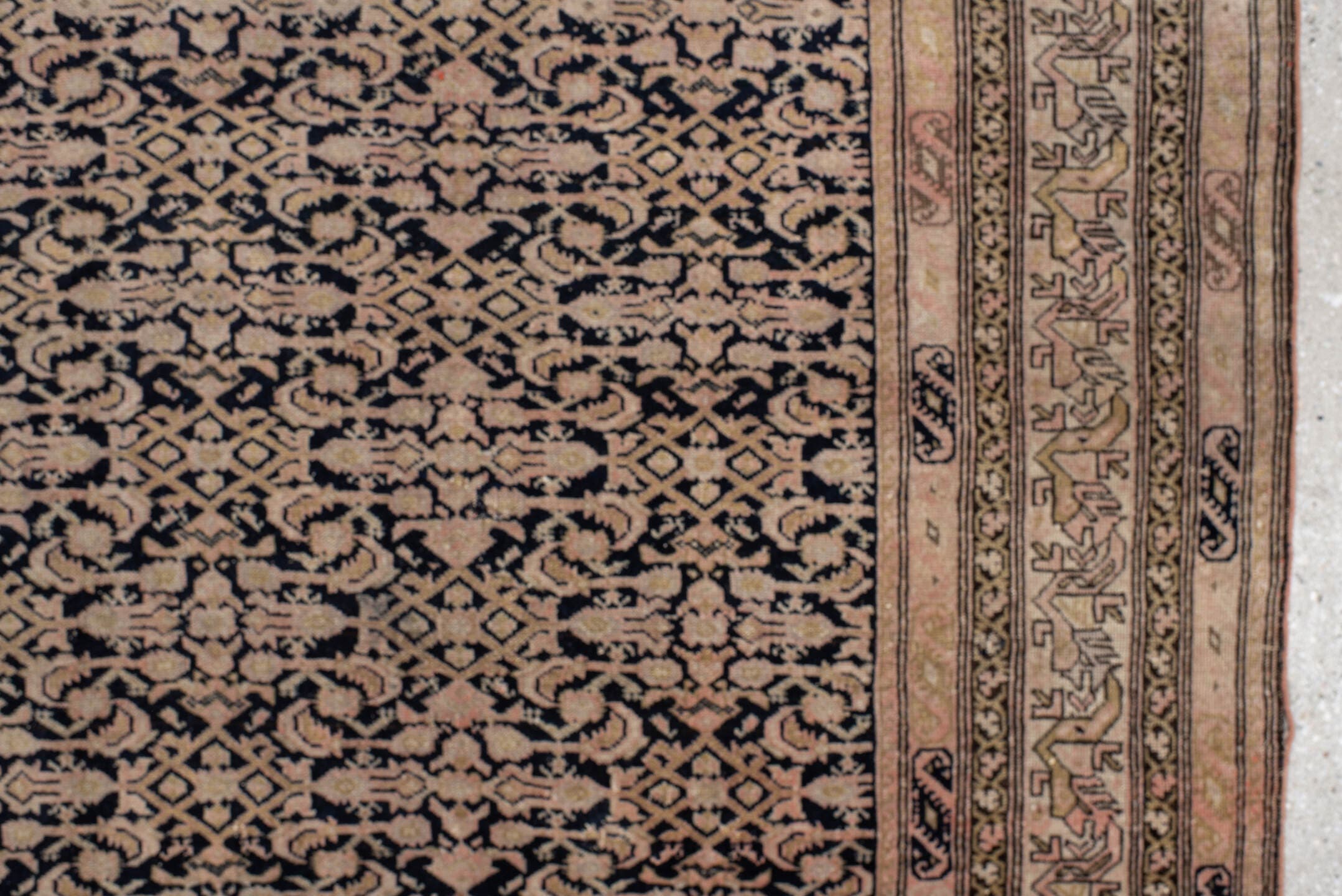 4' x 7' one-of-a-kind handmade antique Far.Sarouk rug. Color palette: navy, beige, ivory, taupe, blush, charcoal, blue, gray