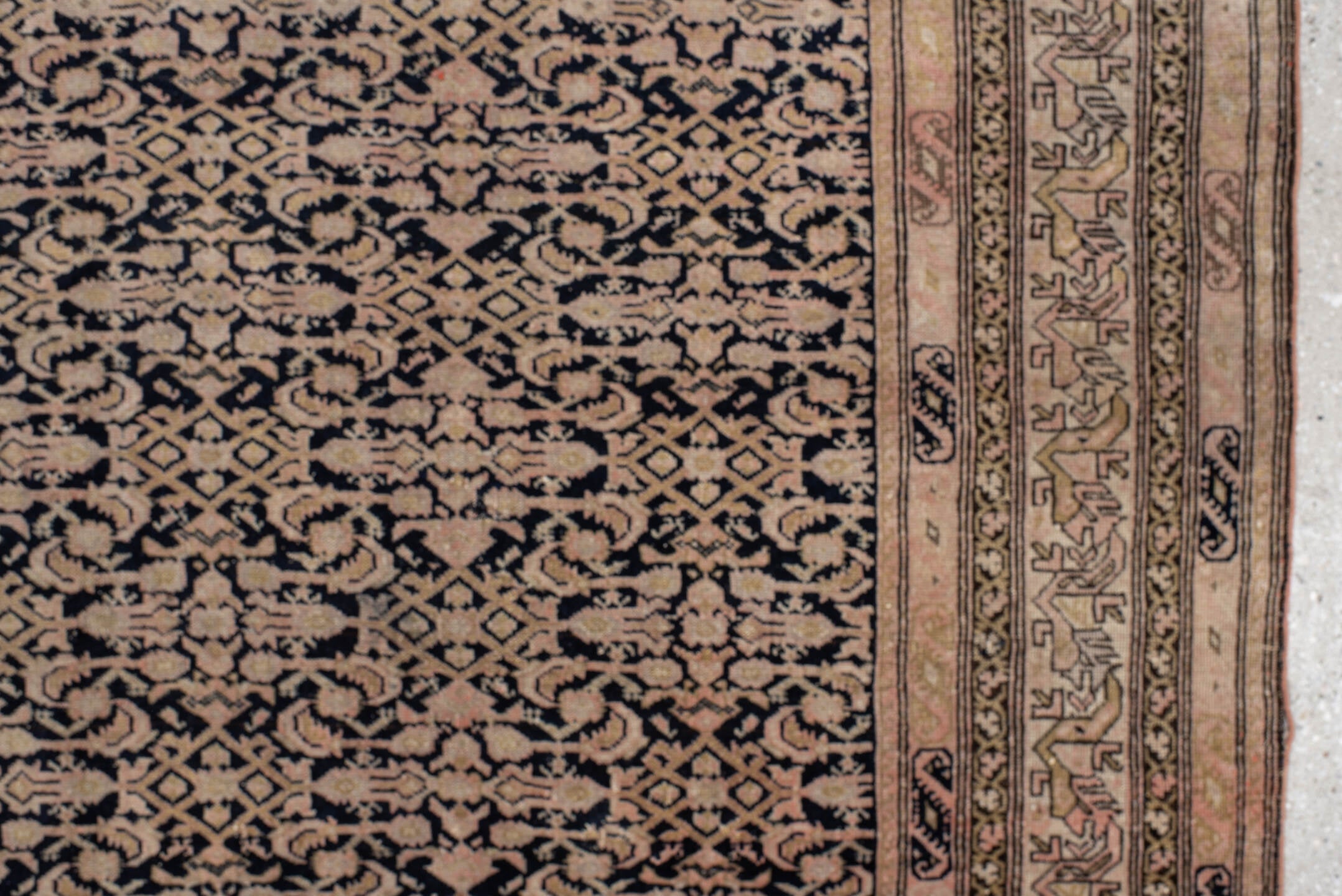4' x 7' one-of-a-kind handmade antique Far.Sarouk rug. Color palette: navy, beige, ivory, taupe, blush, charcoal, blue, gray