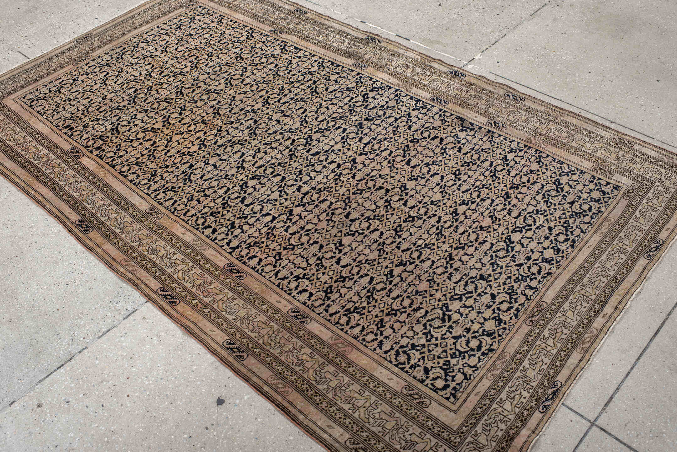 4' x 7' one-of-a-kind handmade antique Far.Sarouk rug. Color palette: navy, beige, ivory, taupe, blush, charcoal, blue, gray