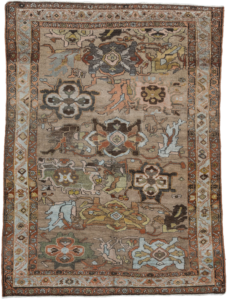 4' x 6' one-of-a-kind handmade vintage Malayer small size rug. Color palette: taupe, rust, ivory, pale_blue, charcoal, olive