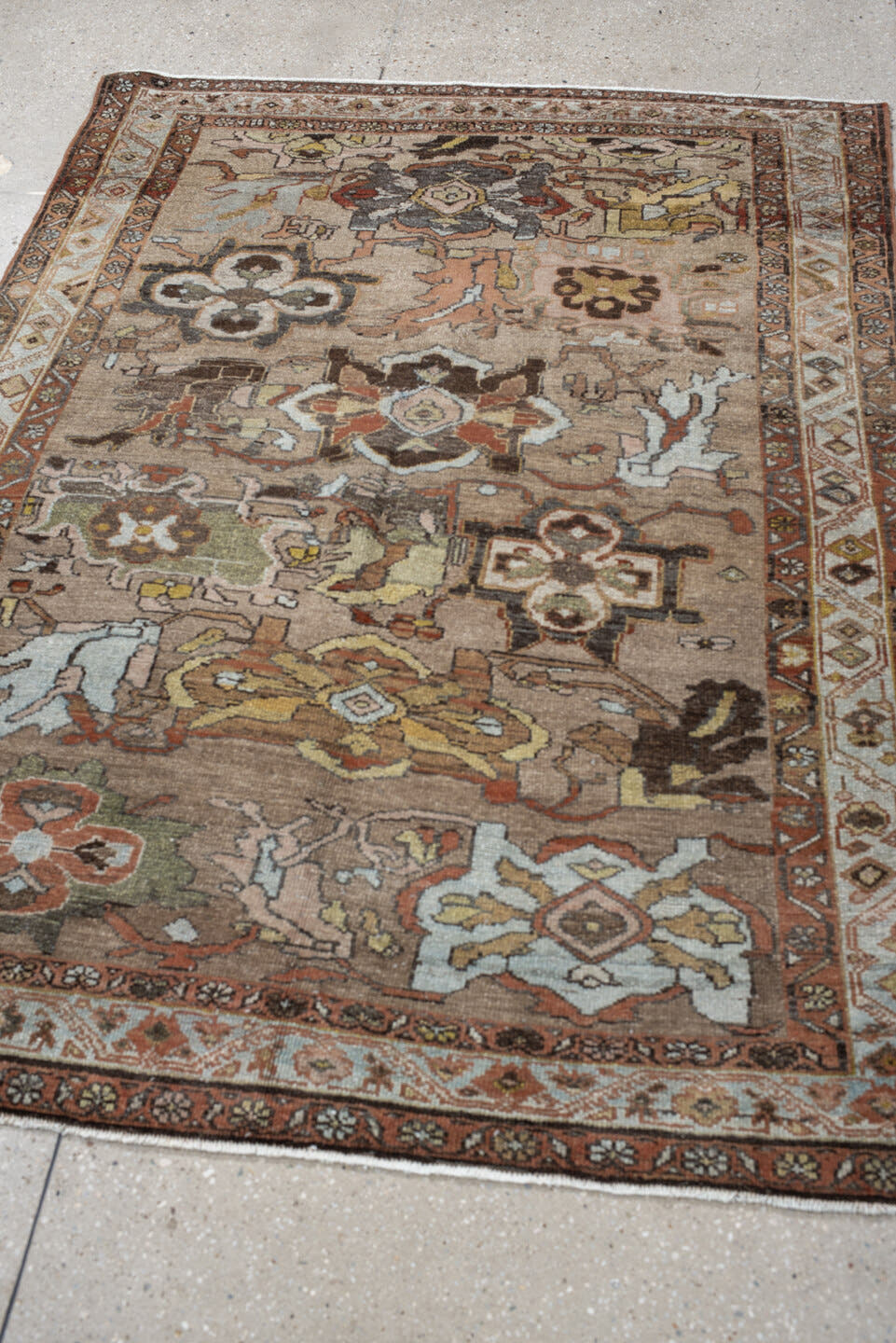 4' x 6' one-of-a-kind handmade vintage Malayer small size rug. Color palette: taupe, rust, ivory, pale_blue, charcoal, olive