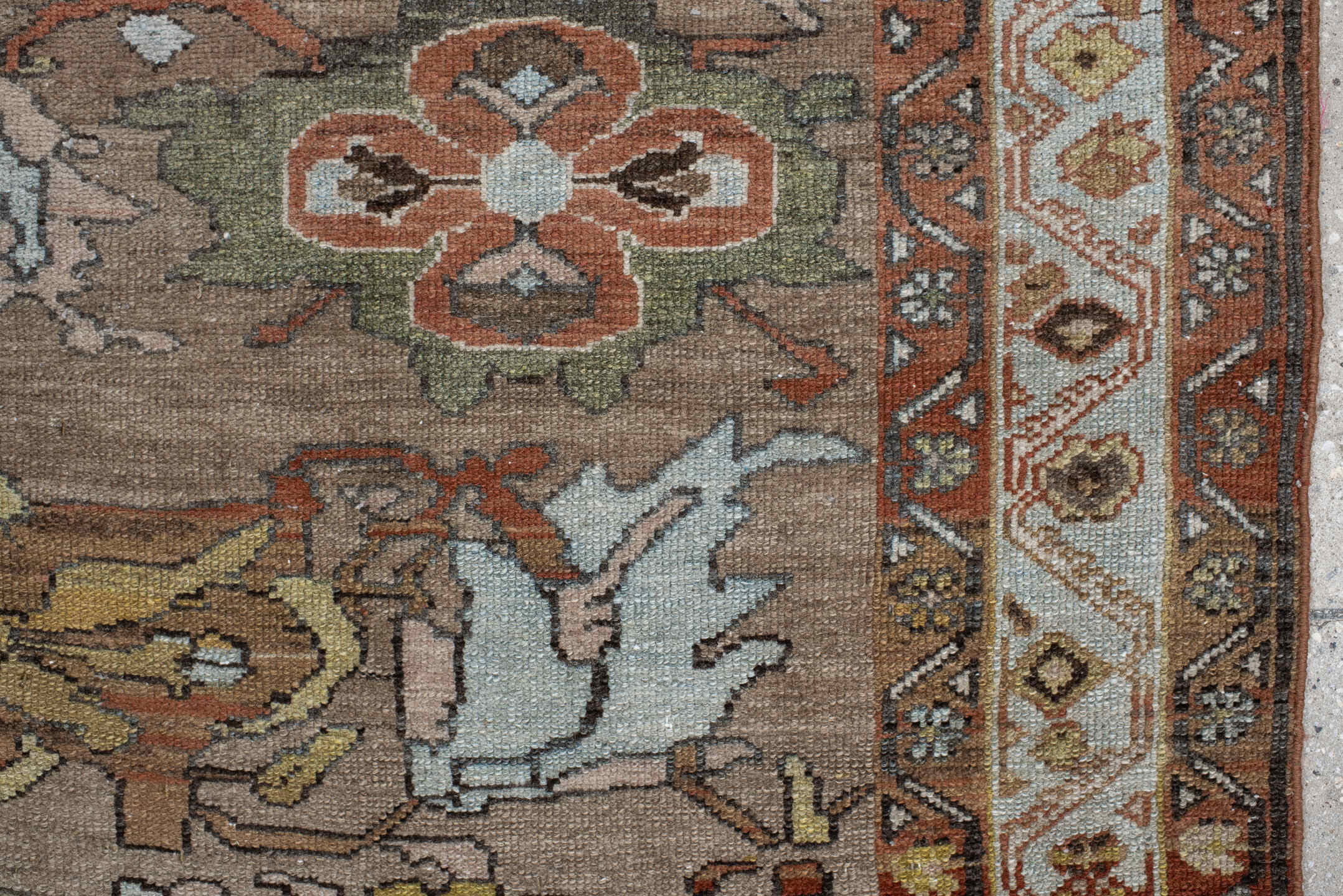 4' x 6' one-of-a-kind handmade vintage Malayer small size rug. Color palette: taupe, rust, ivory, pale_blue, charcoal, olive