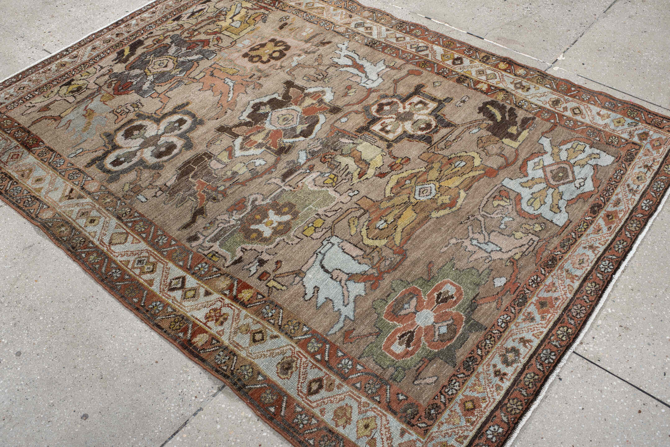 4' x 6' one-of-a-kind handmade vintage Malayer small size rug. Color palette: taupe, rust, ivory, pale_blue, charcoal, olive
