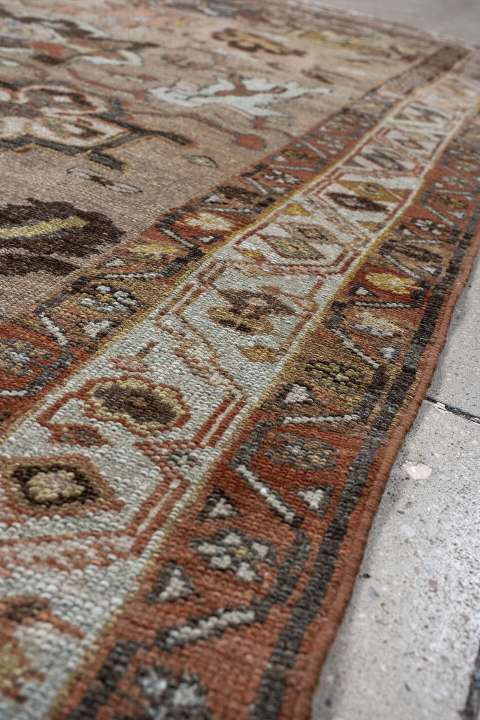 4' x 6' one-of-a-kind handmade vintage Malayer small size rug. Color palette: taupe, rust, ivory, pale_blue, charcoal, olive