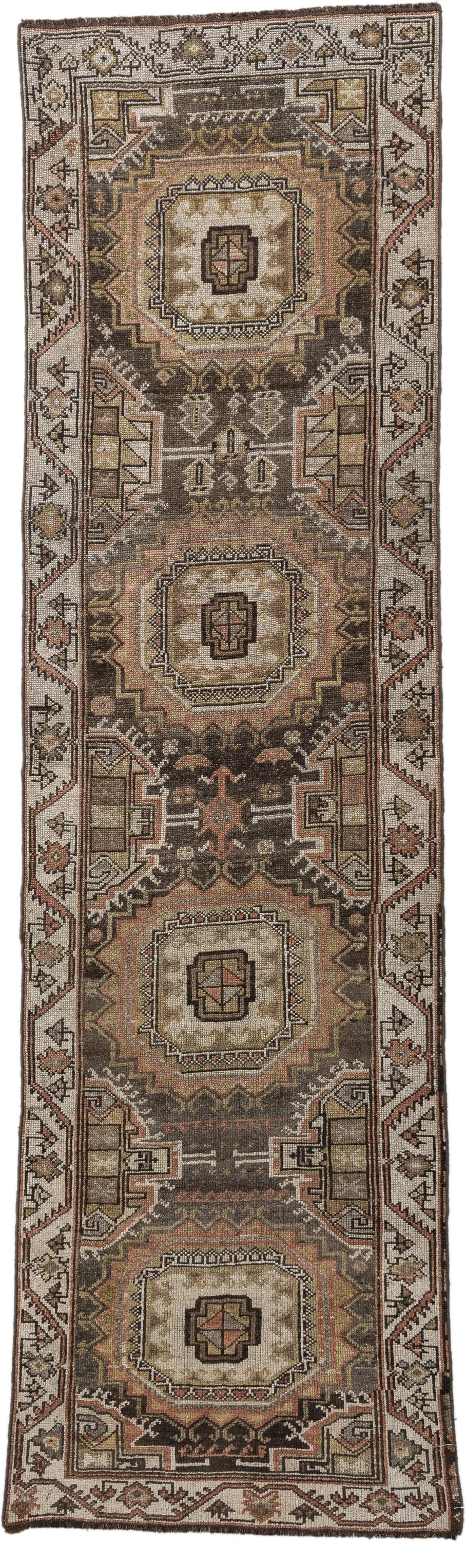 2' x 8' one-of-a-kind handmade vintage NW Persian runner rug. Color palette: brown, ivory, taupe, rust, camel, charcoal