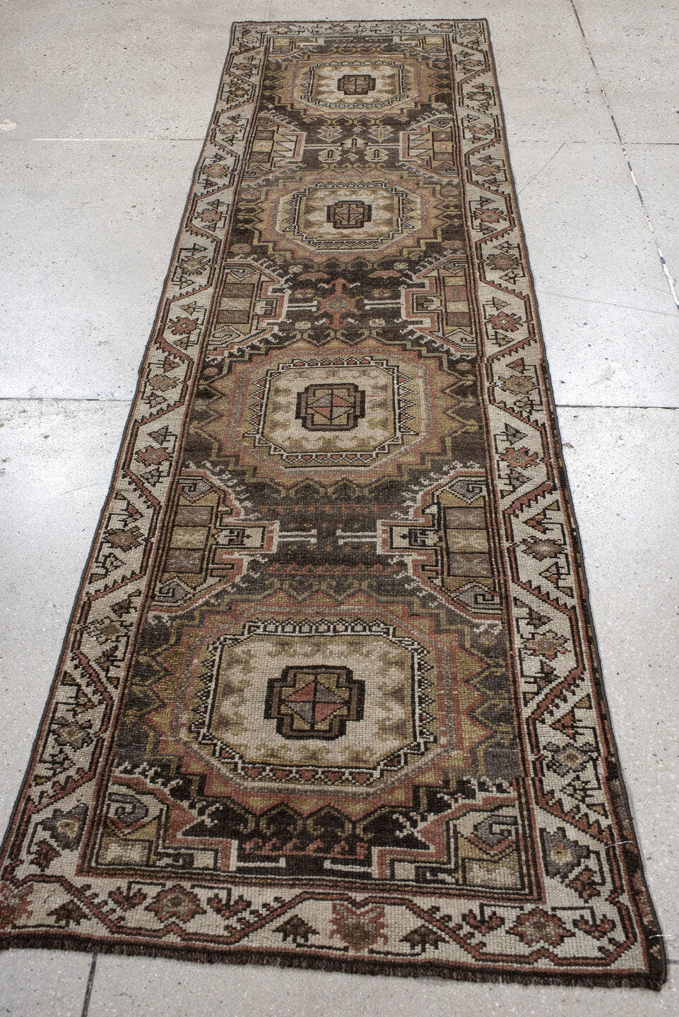 2' x 8' one-of-a-kind handmade vintage NW Persian runner rug. Color palette: brown, ivory, taupe, rust, camel, charcoal