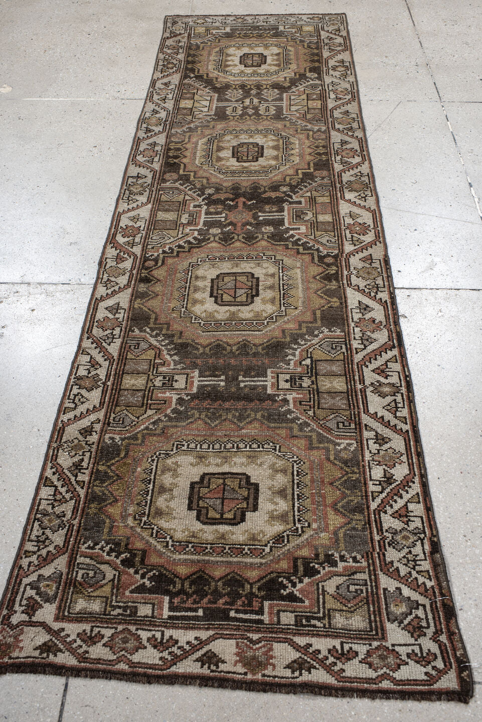 2' x 8' one-of-a-kind handmade vintage NW Persian runner rug. Color palette: brown, ivory, taupe, rust, camel, charcoal