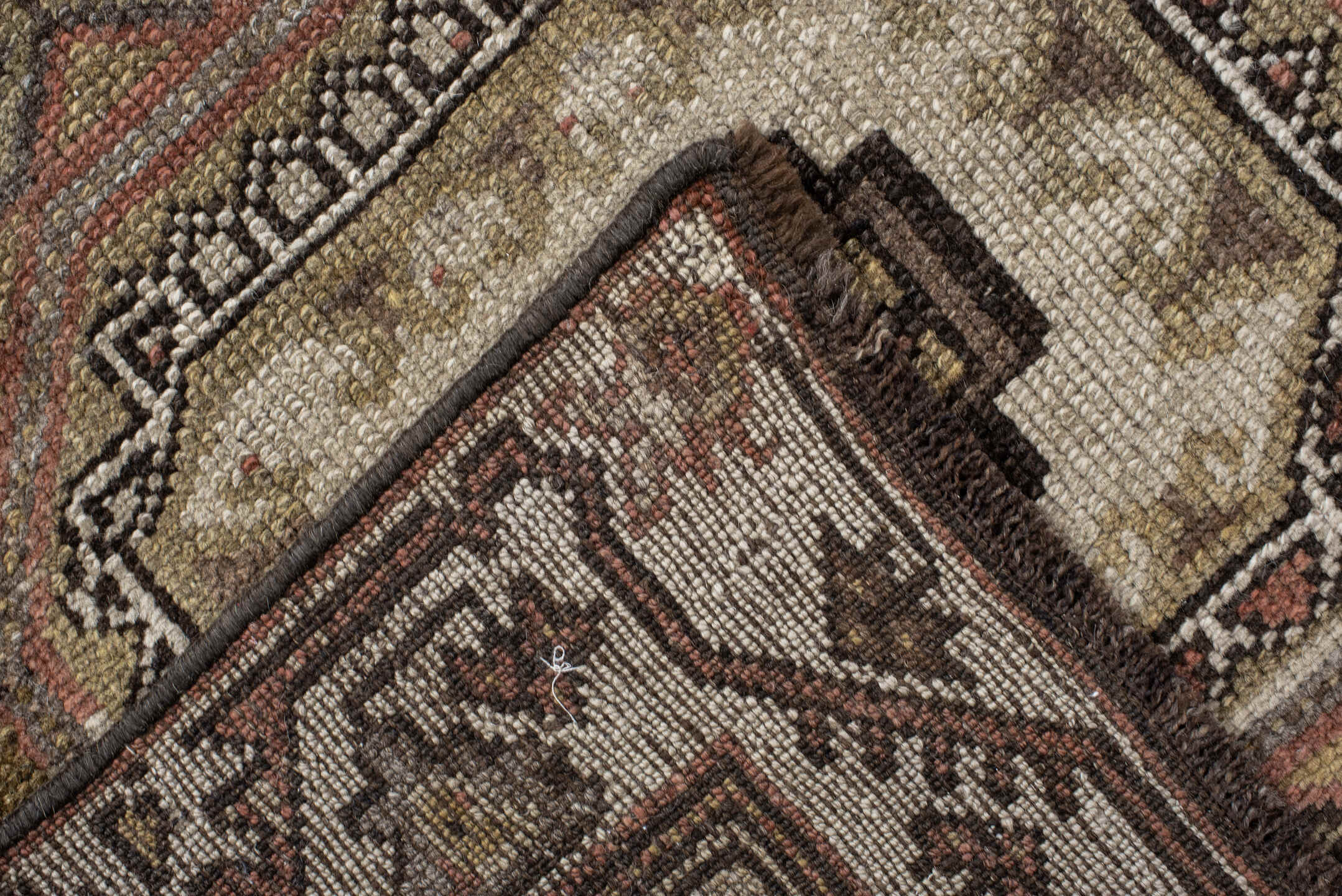 2' x 8' one-of-a-kind handmade vintage NW Persian runner rug. Color palette: brown, ivory, taupe, rust, camel, charcoal