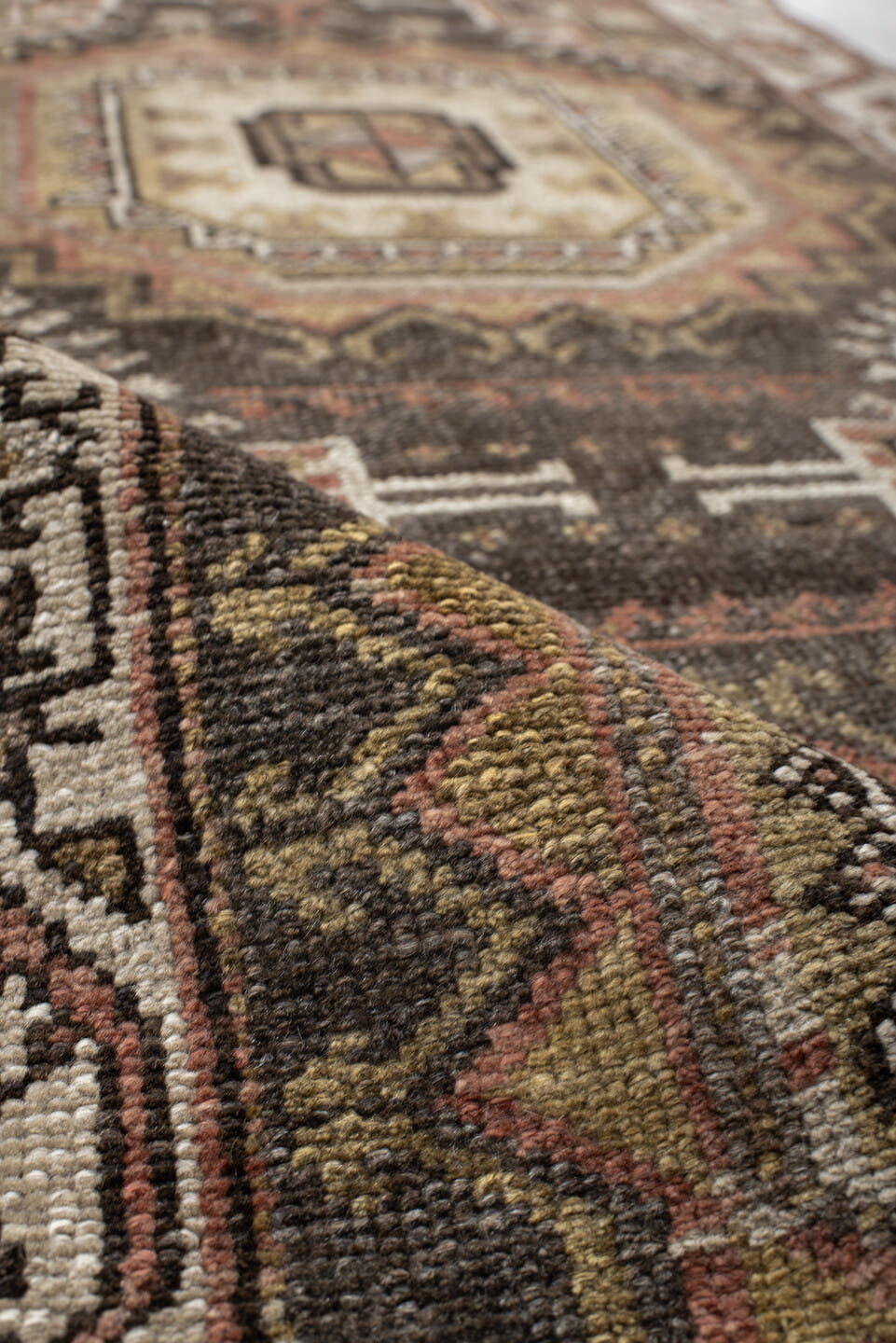 2' x 8' one-of-a-kind handmade vintage NW Persian runner rug. Color palette: brown, ivory, taupe, rust, camel, charcoal