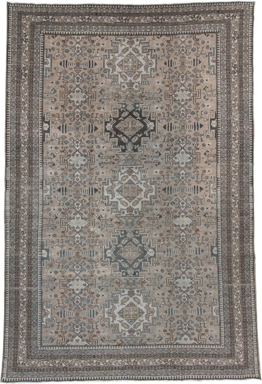 7' x 10' one-of-a-kind handmade vintage Ardebil large size rug. Color palette: taupe, ivory, charcoal, slate, pale blue