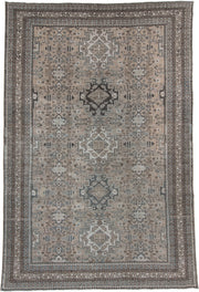 7' x 10' one-of-a-kind handmade vintage Ardebil large size rug. Color palette: taupe, ivory, charcoal, slate, pale blue