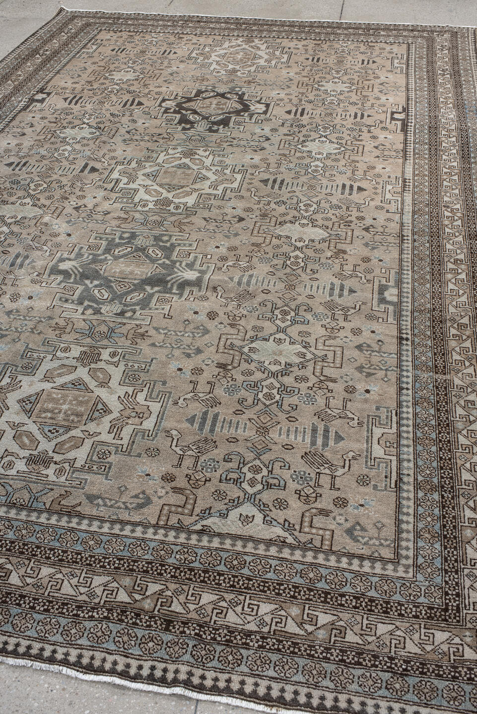7' x 10' one-of-a-kind handmade vintage Ardebil large size rug. Color palette: taupe, ivory, charcoal, slate, pale blue
