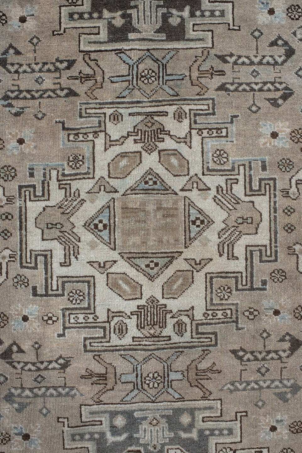 7' x 10' one-of-a-kind handmade vintage Ardebil large size rug. Color palette: taupe, ivory, charcoal, slate, pale blue