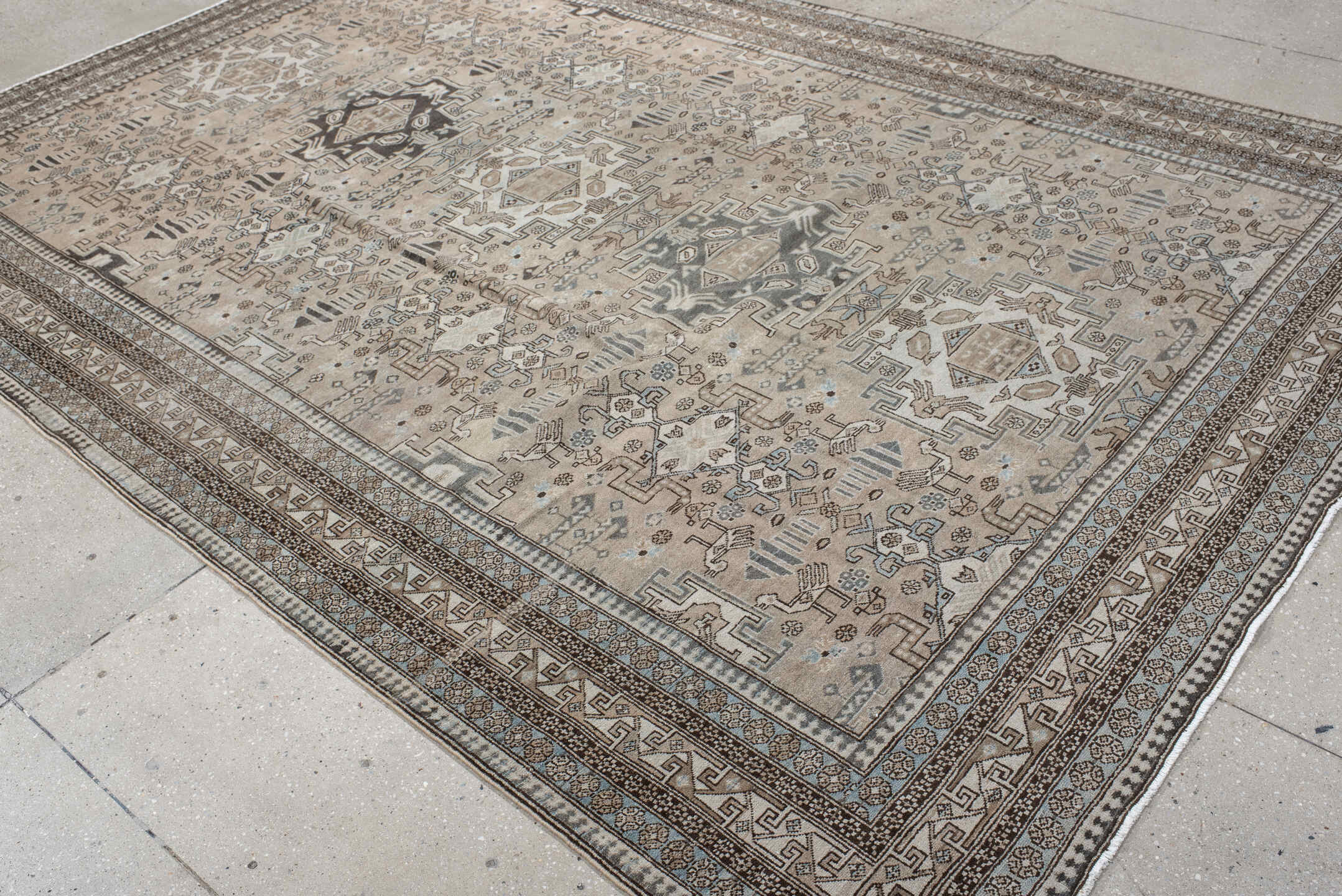 7' x 10' one-of-a-kind handmade vintage Ardebil large size rug. Color palette: taupe, ivory, charcoal, slate, pale blue