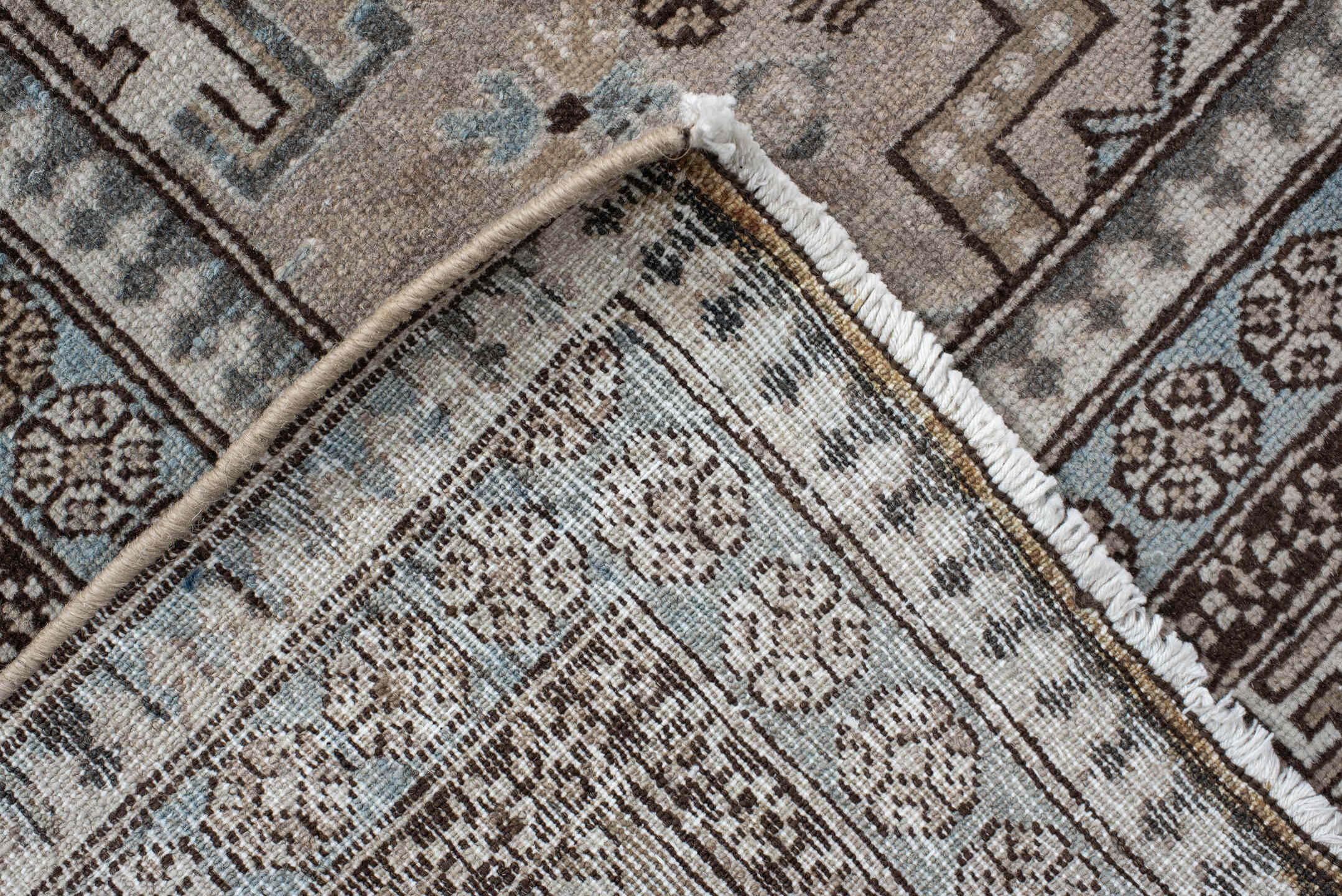 7' x 10' one-of-a-kind handmade vintage Ardebil large size rug. Color palette: taupe, ivory, charcoal, slate, pale blue