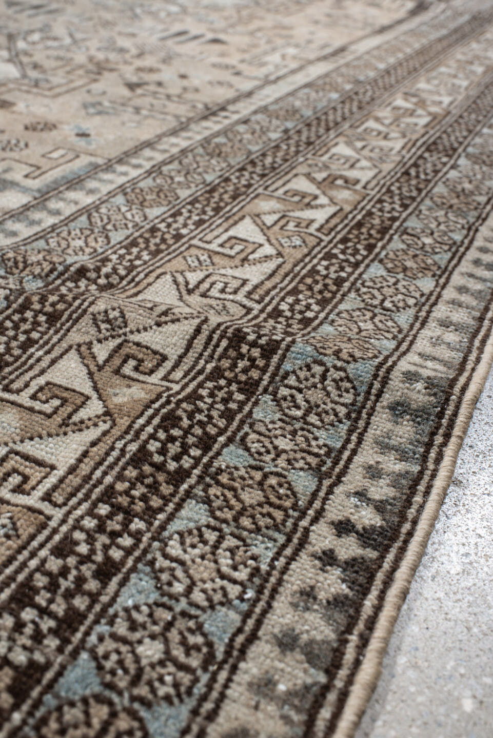 7' x 10' one-of-a-kind handmade vintage Ardebil large size rug. Color palette: taupe, ivory, charcoal, slate, pale blue
