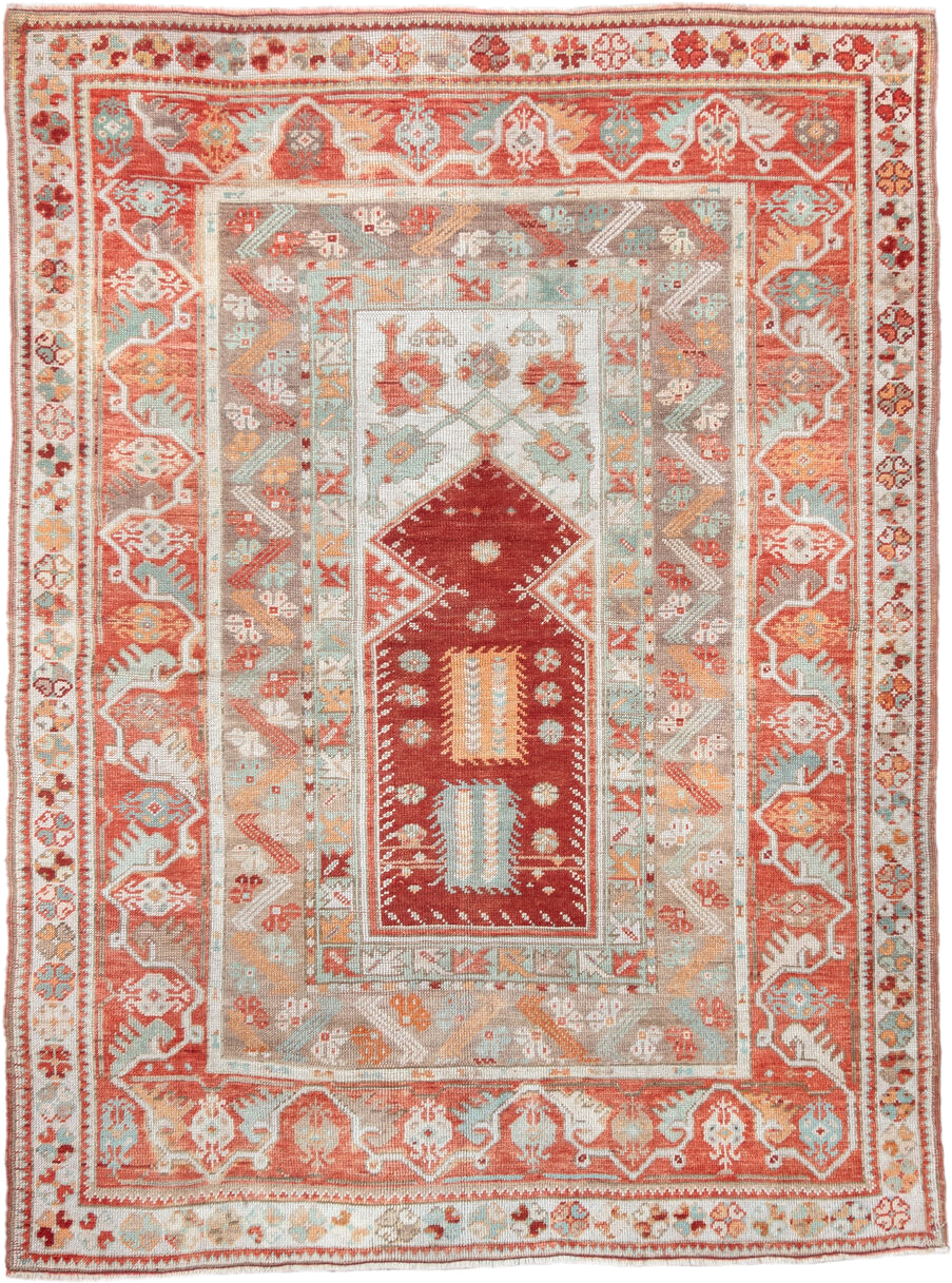 4' x 5' one-of-a-kind handmade vintage Anatolian small size rug. Color palette: terra cotta, ivory, pale aqua, sand, rust