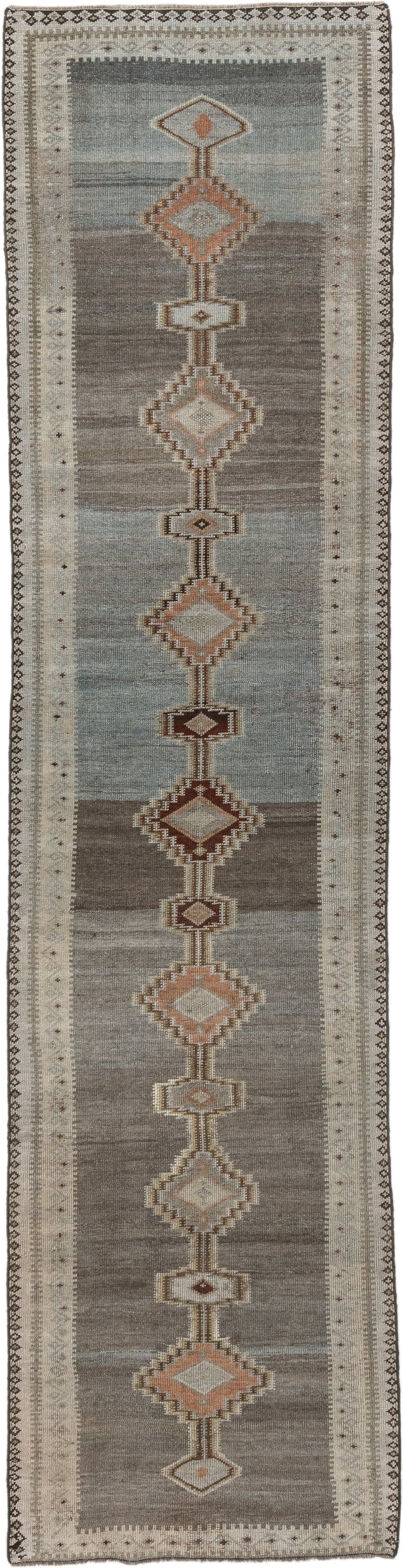 2' x 11' one-of-a-kind handmade vintage Gabbe runner rug. Color palette: taupe, ivory, slate, camel, rose, brown, beige