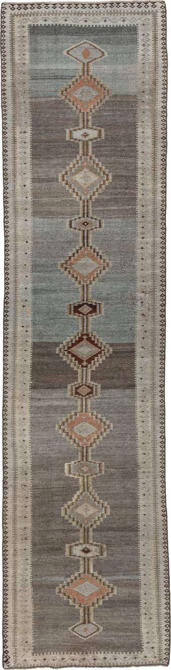 2' x 11' one-of-a-kind handmade vintage Gabbe runner rug. Color palette: taupe, ivory, slate, camel, rose, brown, beige