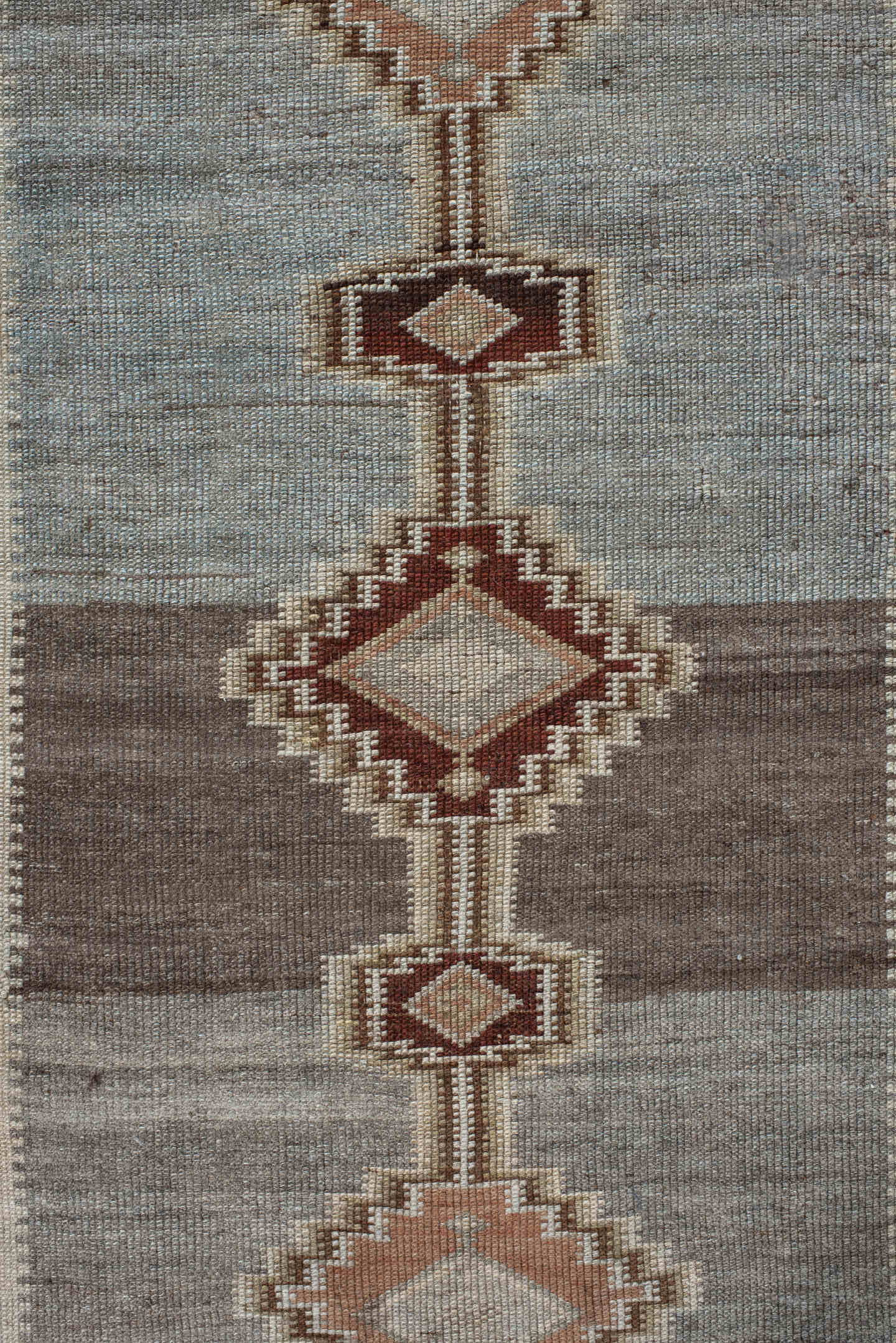 2' x 11' one-of-a-kind handmade vintage Gabbe runner rug. Color palette: taupe, ivory, slate, camel, rose, brown, beige