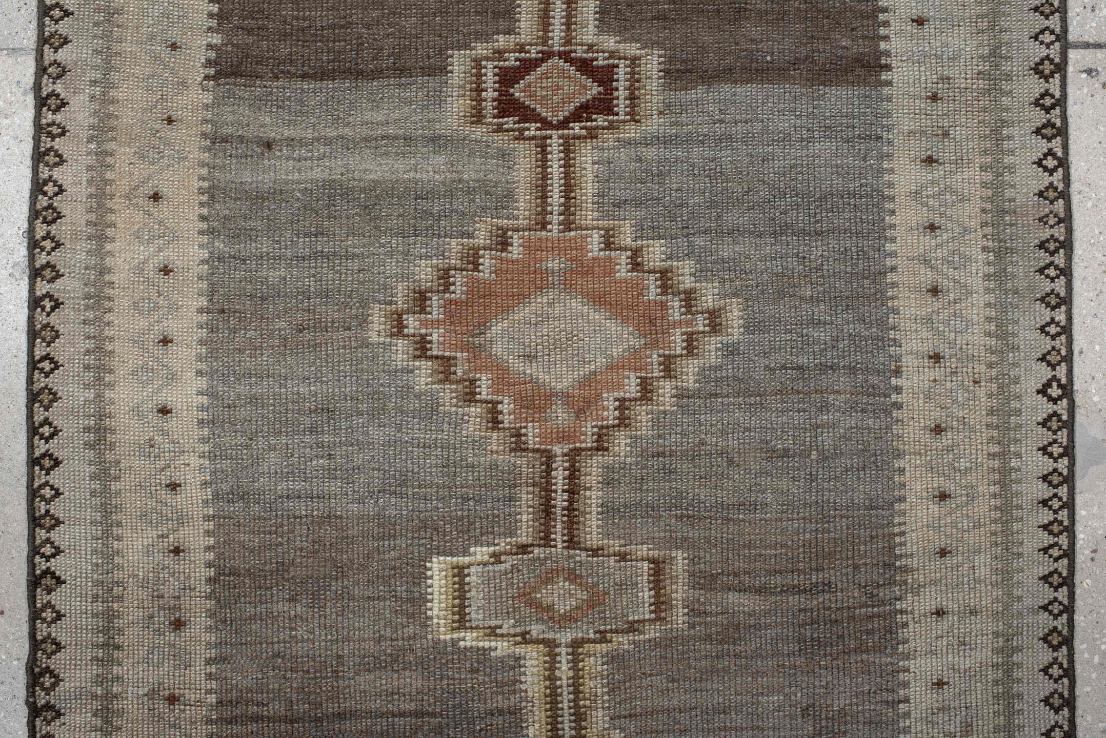 2' x 11' one-of-a-kind handmade vintage Gabbe runner rug. Color palette: taupe, ivory, slate, camel, rose, brown, beige