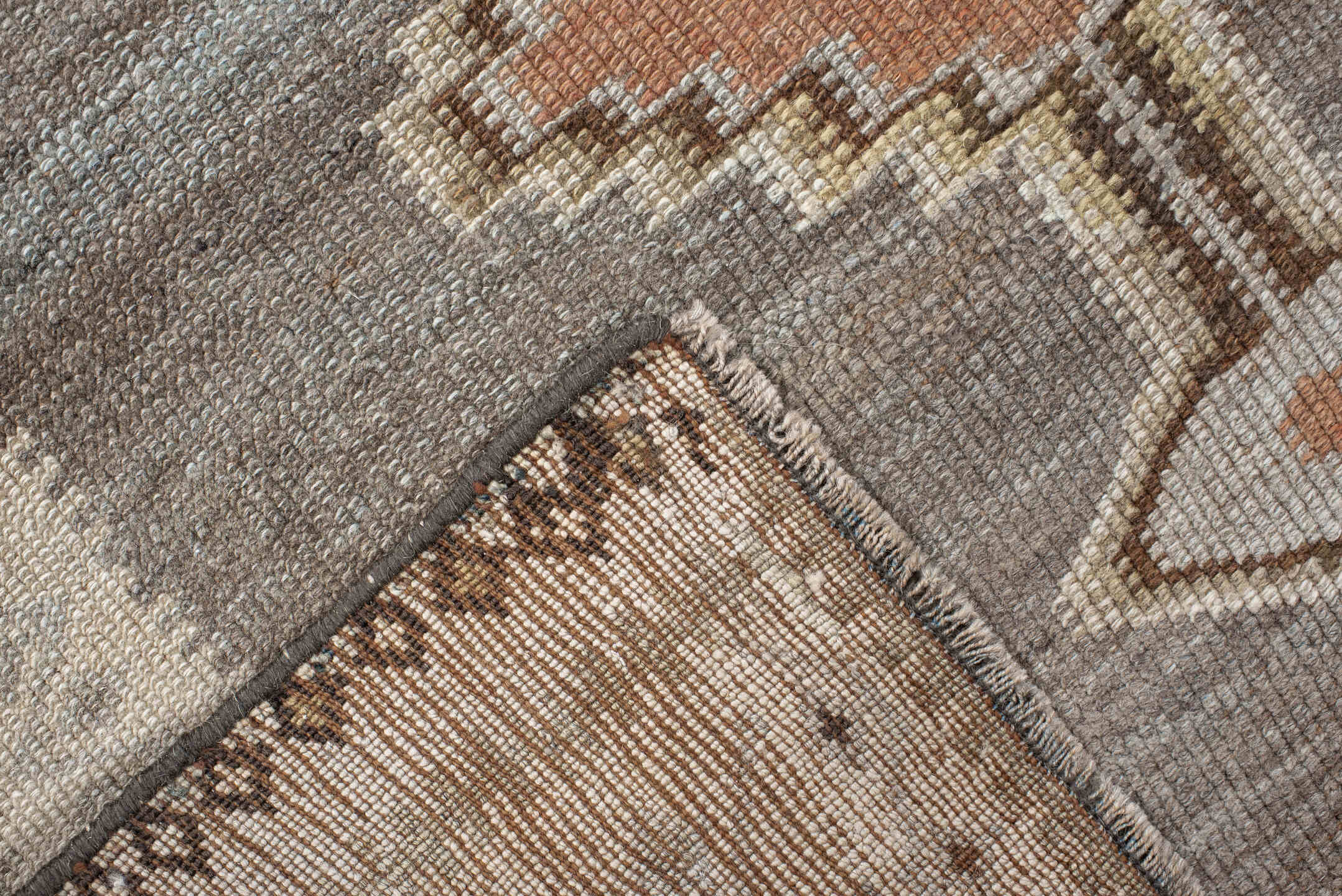 2' x 11' one-of-a-kind handmade vintage Gabbe runner rug. Color palette: taupe, ivory, slate, camel, rose, brown, beige