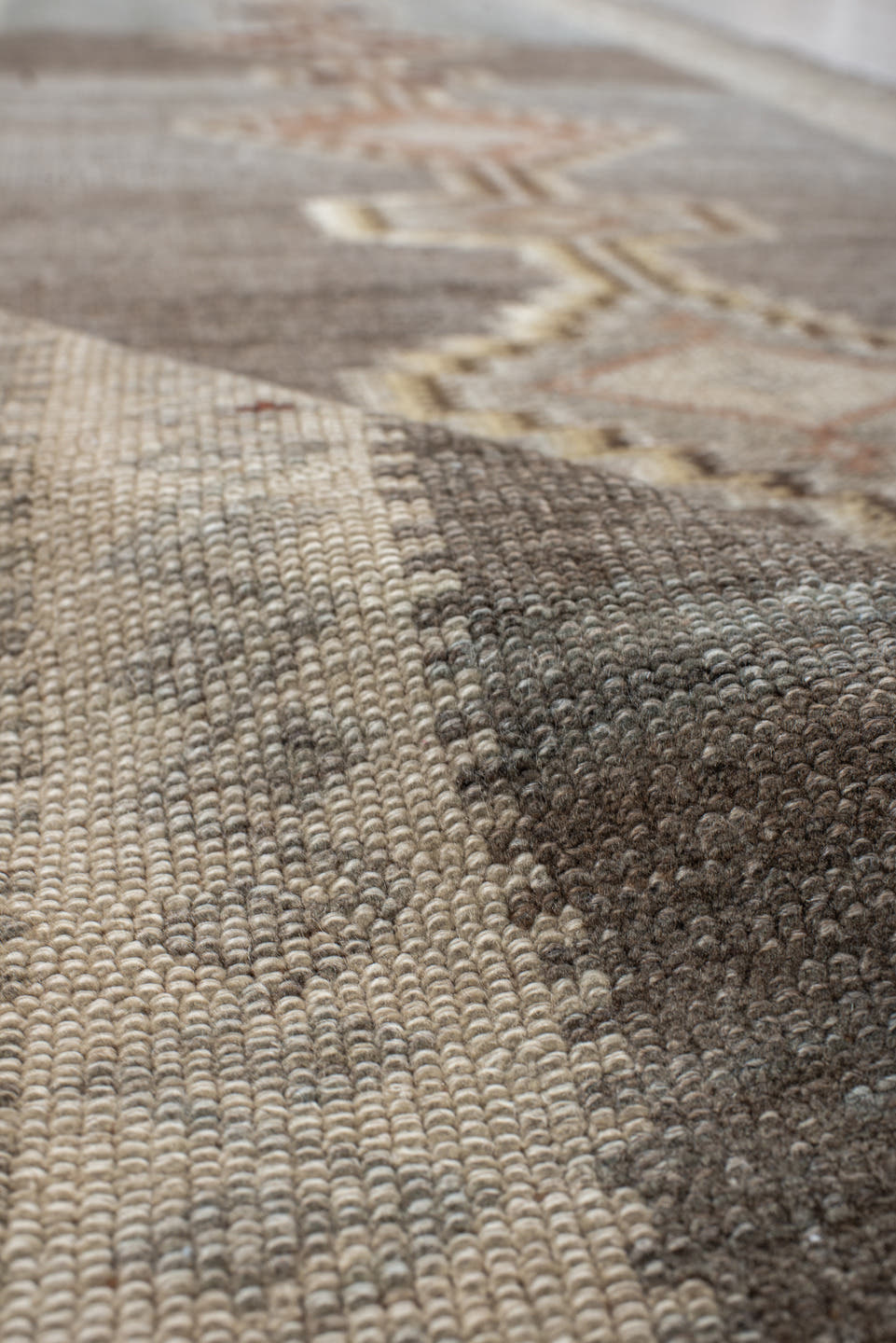 2' x 11' one-of-a-kind handmade vintage Gabbe runner rug. Color palette: taupe, ivory, slate, camel, rose, brown, beige