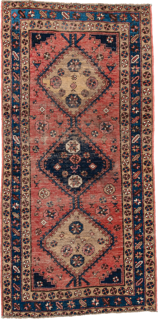 3' x 6' one-of-a-kind handmade vintage  runner rug. Color palette: antiquewhite, black, blue, brown, charcoal, gray