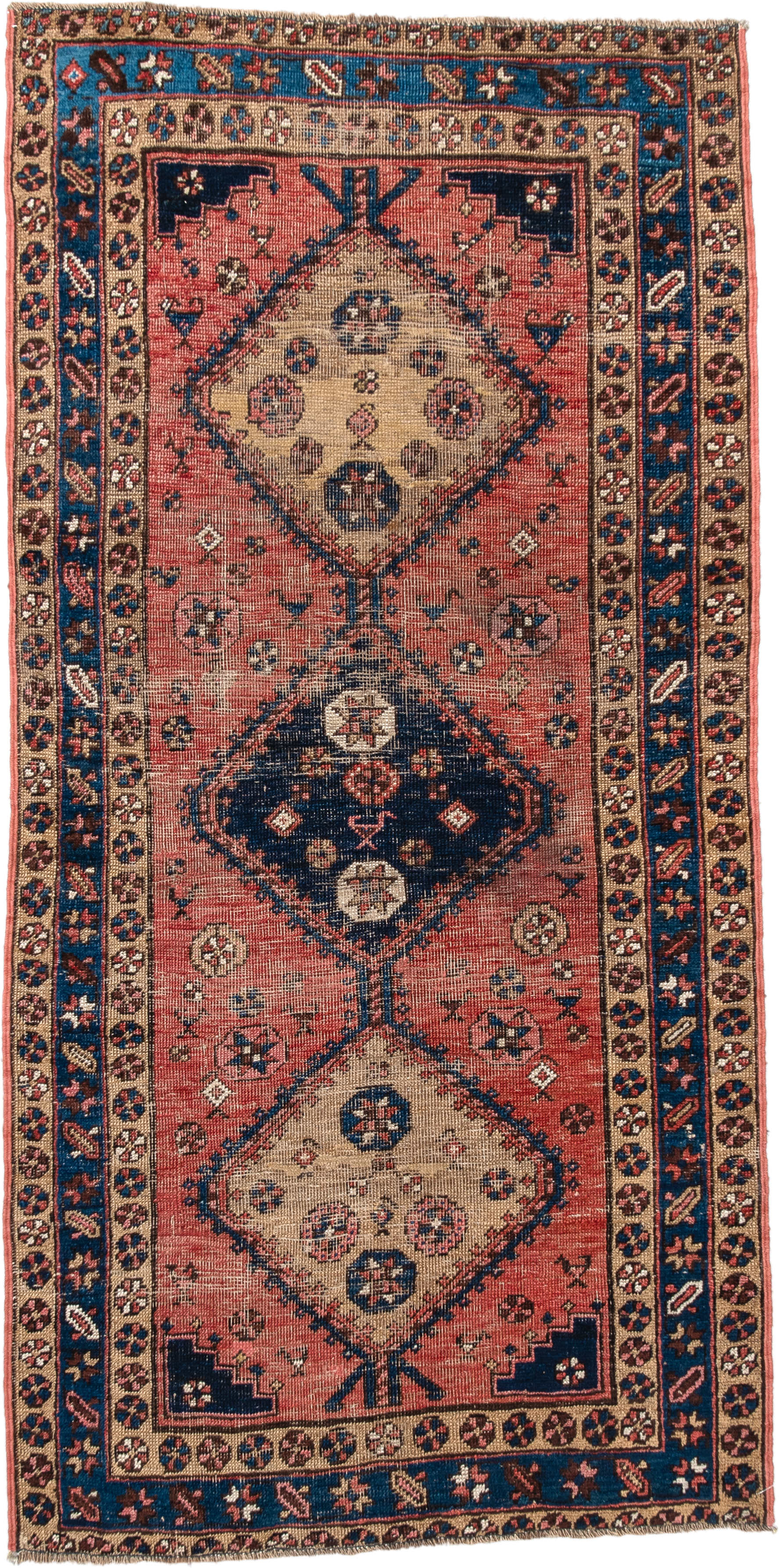 3' x 6' one-of-a-kind handmade antique  runner rug. Color palette: rose, indigo, ivory, rust, navy, camel, crimson, pink